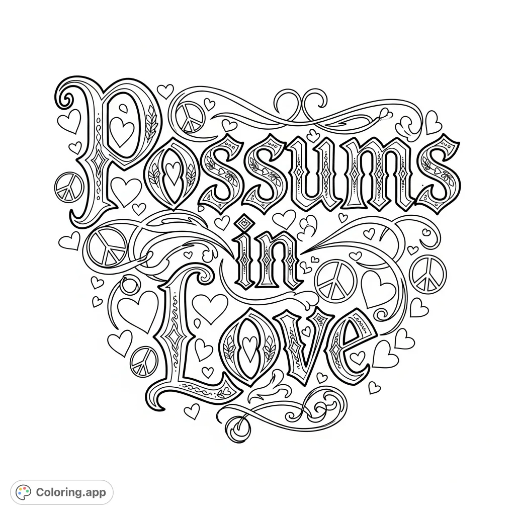 An intricate 'Possums in Love' Gothic print coloring page, richly adorned with whimsical hearts and peace signs. A detailed design celebrating affection and harmony.
