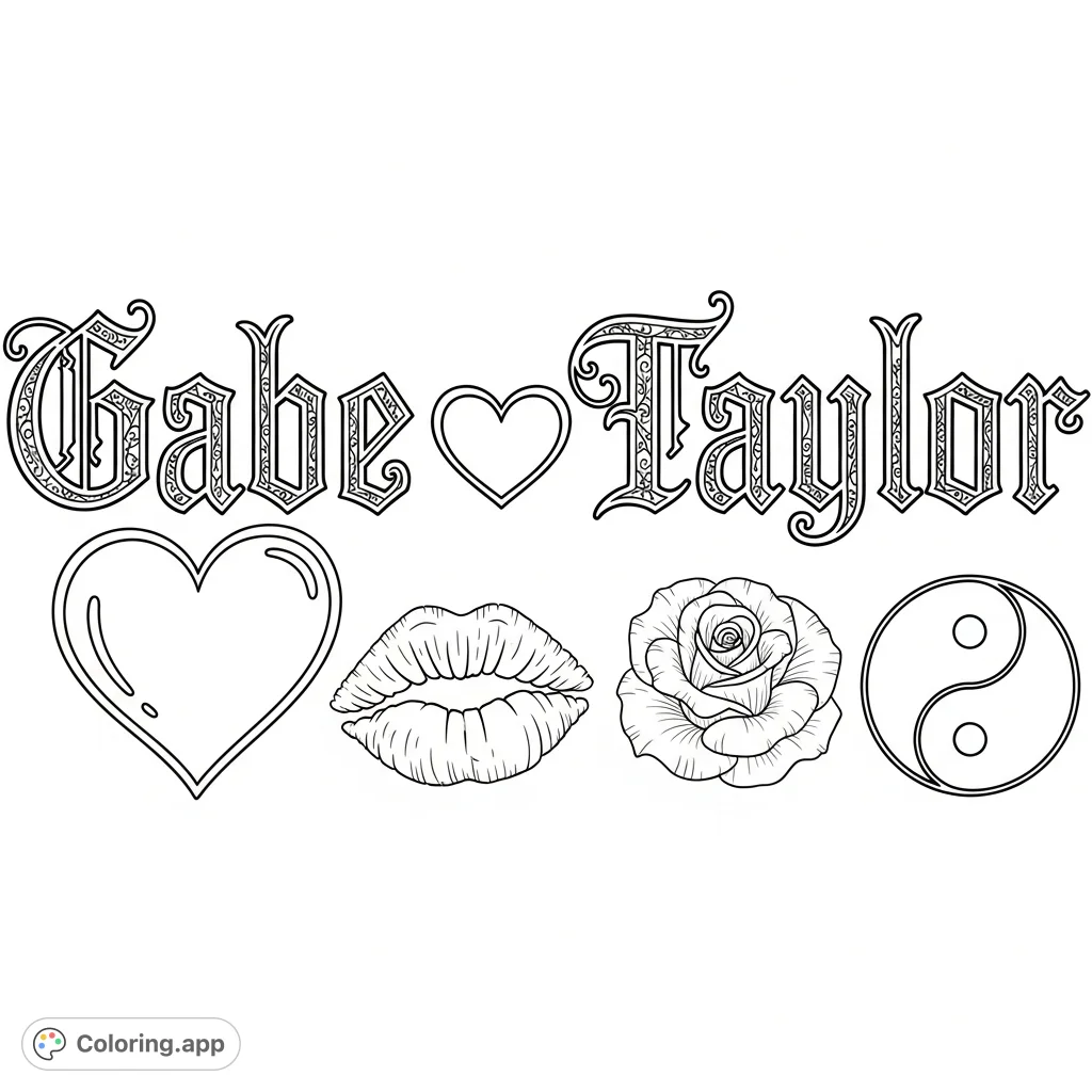 An intricate coloring page featuring the names 'Gabe' and 'Taylor' in gothic script, separated by a heart, alongside symbolic elements like a rose, lip print, and yin-yang.