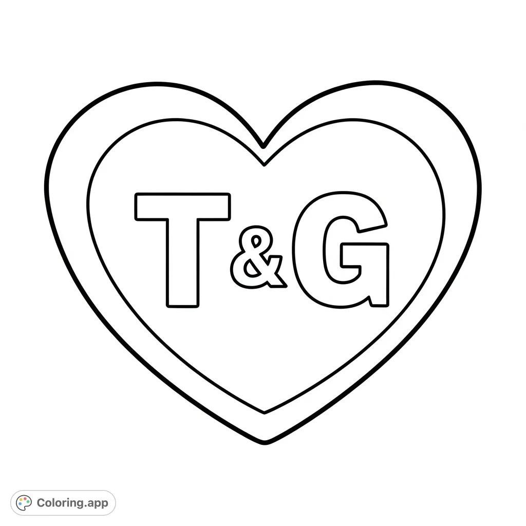 A charming cartoon heart featuring the initials "T&G" within its contours, perfect for personalizing with your favorite colors and sentiments.