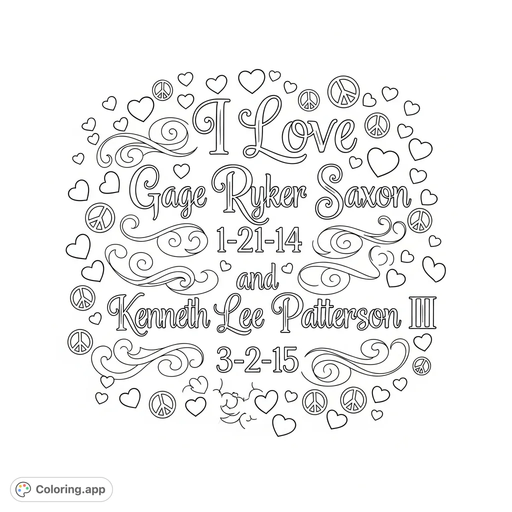 A personalized free printable coloring page featuring "I Love Gage Ryker Saxon 1-21-14 and Kenneth Lee Patterson III 3-2-15" in elegant calligraphy, adorned with hearts and peace signs.
