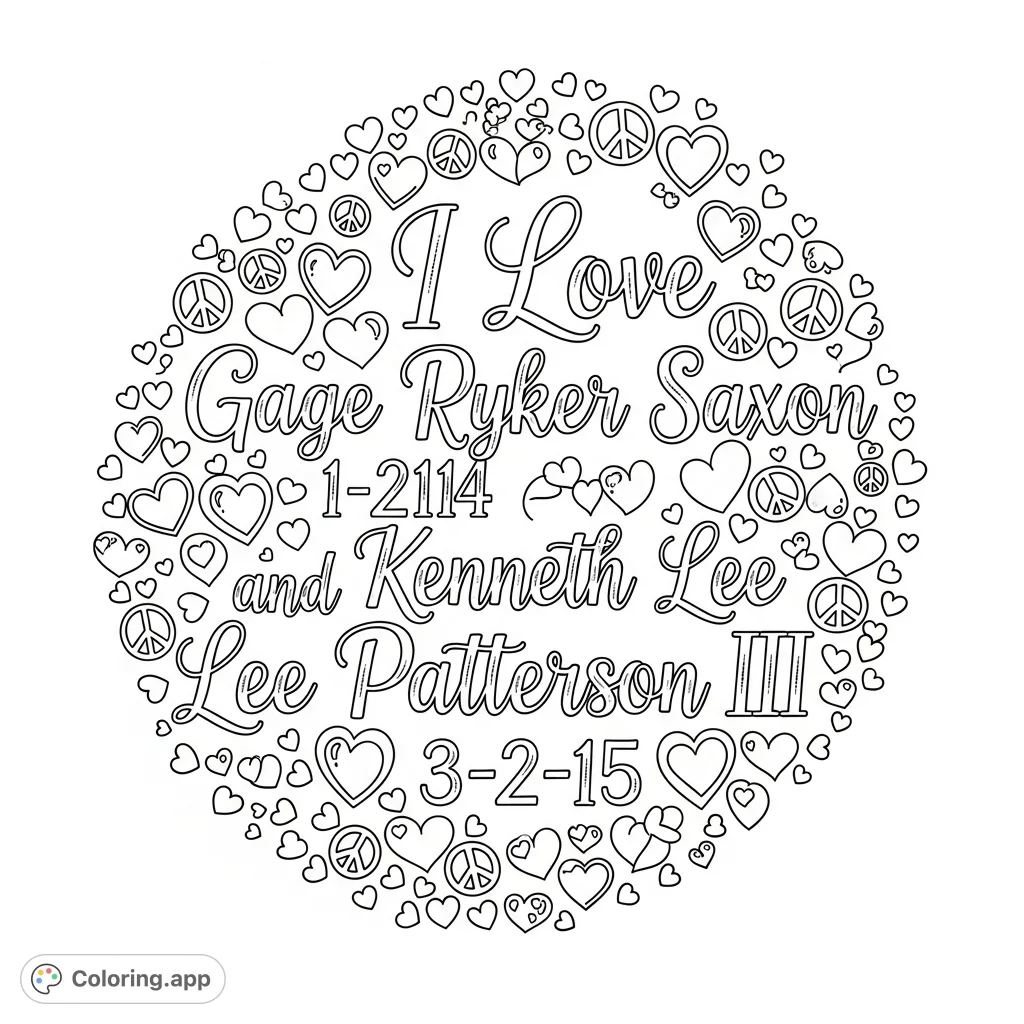 A beautiful personalized calligraphy design featuring the heartfelt message "I Love Gage Ryker Saxon 1-21-14 and Kenneth Lee Patterson III 3-2-15," adorned with small hearts and peace signs.