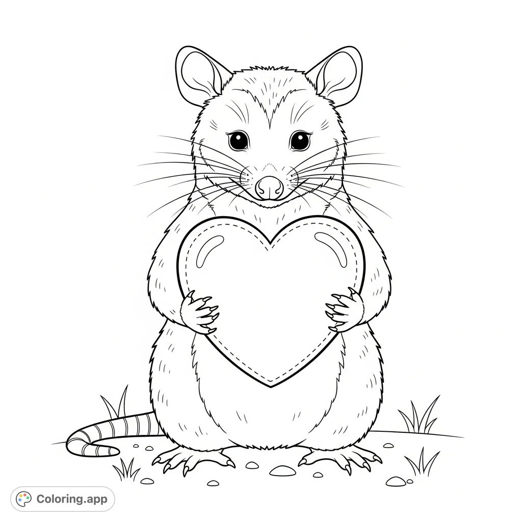 A charming possum holds a large heart, perfect for expressing affection. A delightful and free printable possum coloring page for all ages.