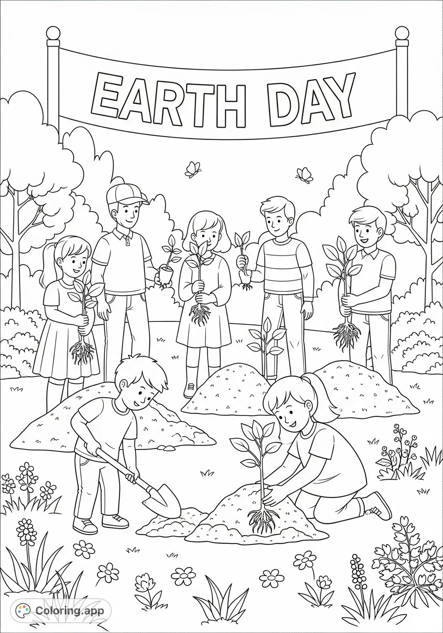 A joyful Earth Day scene featuring children and adults planting trees, celebrating environmental care with a prominent "Earth Day" banner and blooming wildflowers.