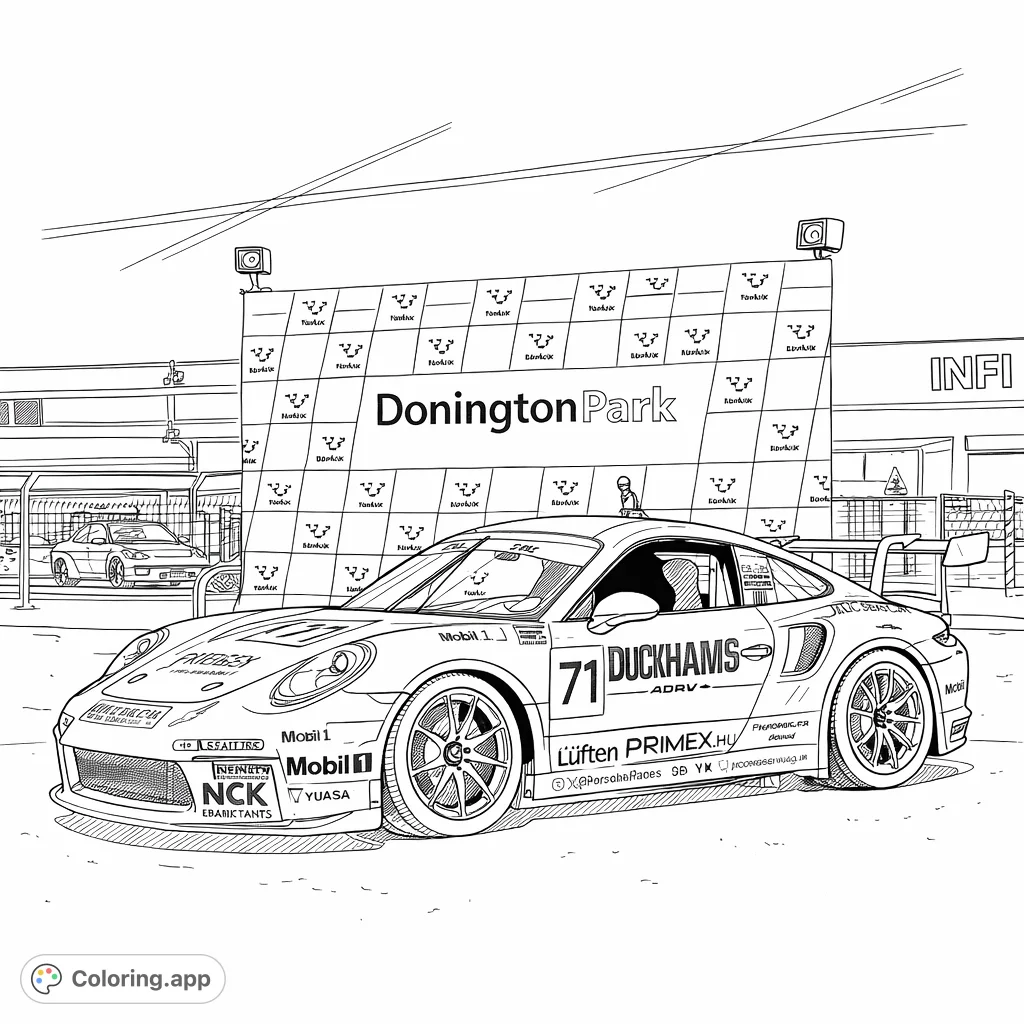 Experience the thrill of motorsport with this detailed Donington Park race car coloring page. Features a powerful vehicle with intricate designs and sponsor logos.