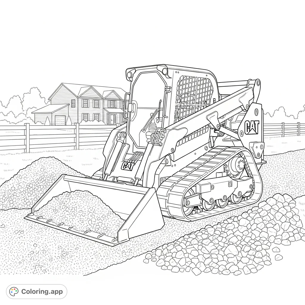 A detailed Cat skid steer works diligently on a gravel driveway, spreading material. A perfect heavy equipment coloring page for enthusiasts!