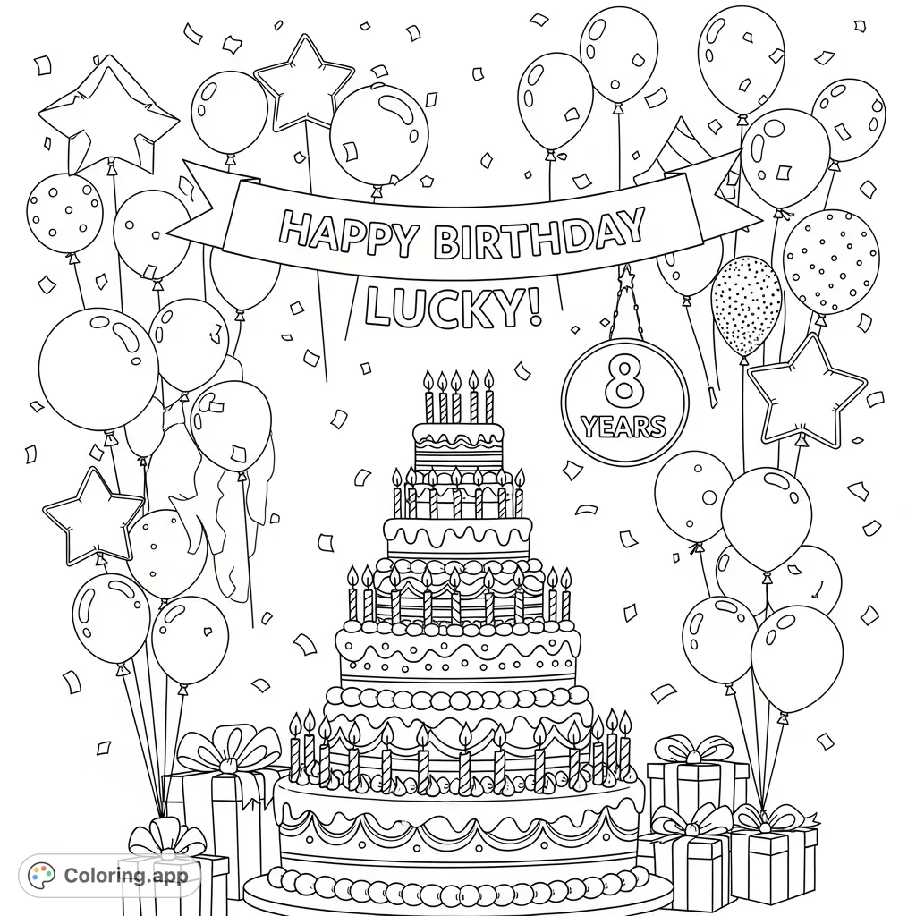 Celebrate Lucky's 8th birthday with a joyous coloring page featuring a grand cake, festive balloons, and special birthday wishes. Perfect for young colorists!
