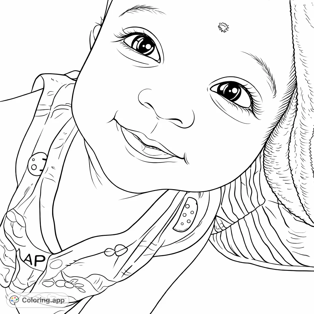Capture the pure joy of a smiling baby with this delightful coloring page. Features an infant with expressive eyes, a sweet smile, and patterned clothing.