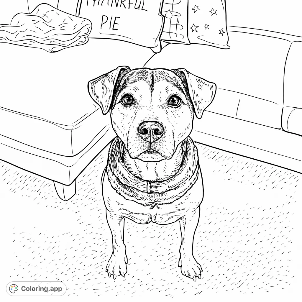 Color this adorable dog portrait featuring a friendly canine sitting patiently. Perfect for dog lovers to bring to life with unique fur patterns.