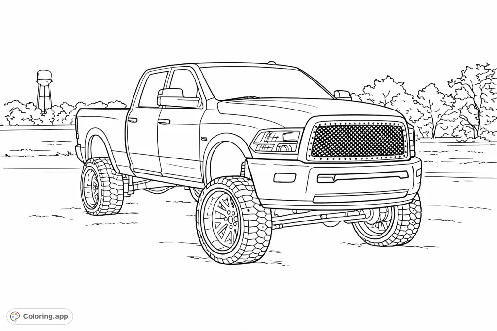 Color a powerful lifted pickup truck with large tires and custom rims, ready for adventure on any terrain. A dynamic vehicle scene for enthusiasts.