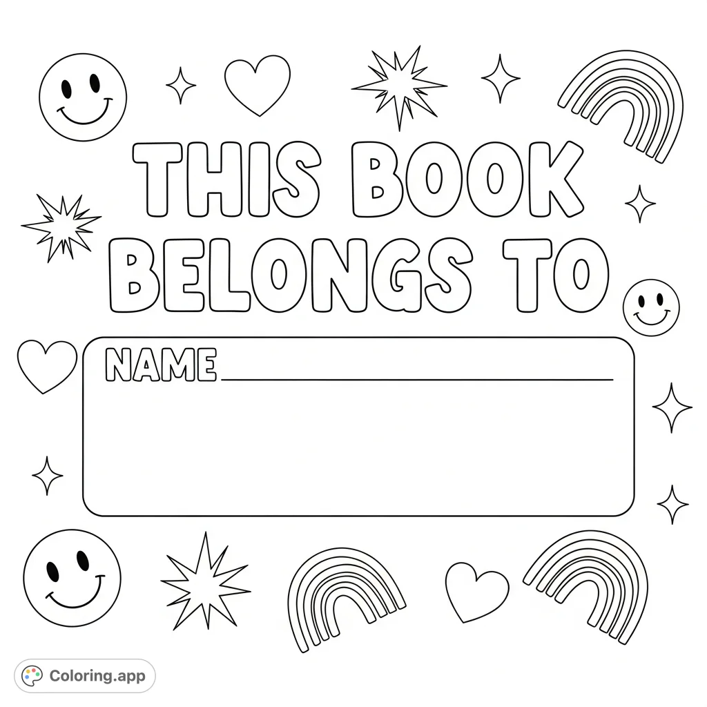 A delightful 'This Book Belongs To' page featuring a friendly font, a clear space for names, and playful elements like stars, hearts, and rainbows.