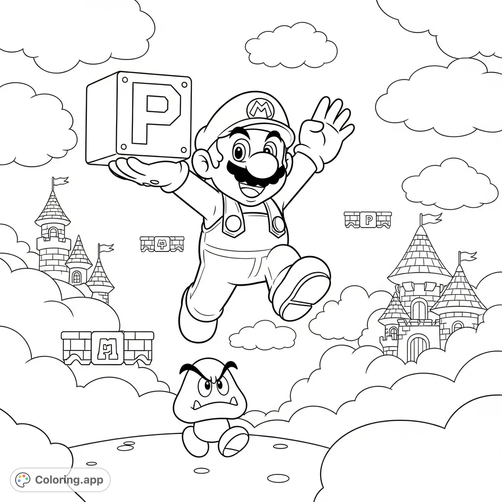 Join Mario as he leaps through the sky, clutching a 'P', with a Goomba below a whimsical cloud castle. A fun, free printable Mario coloring page for kids.