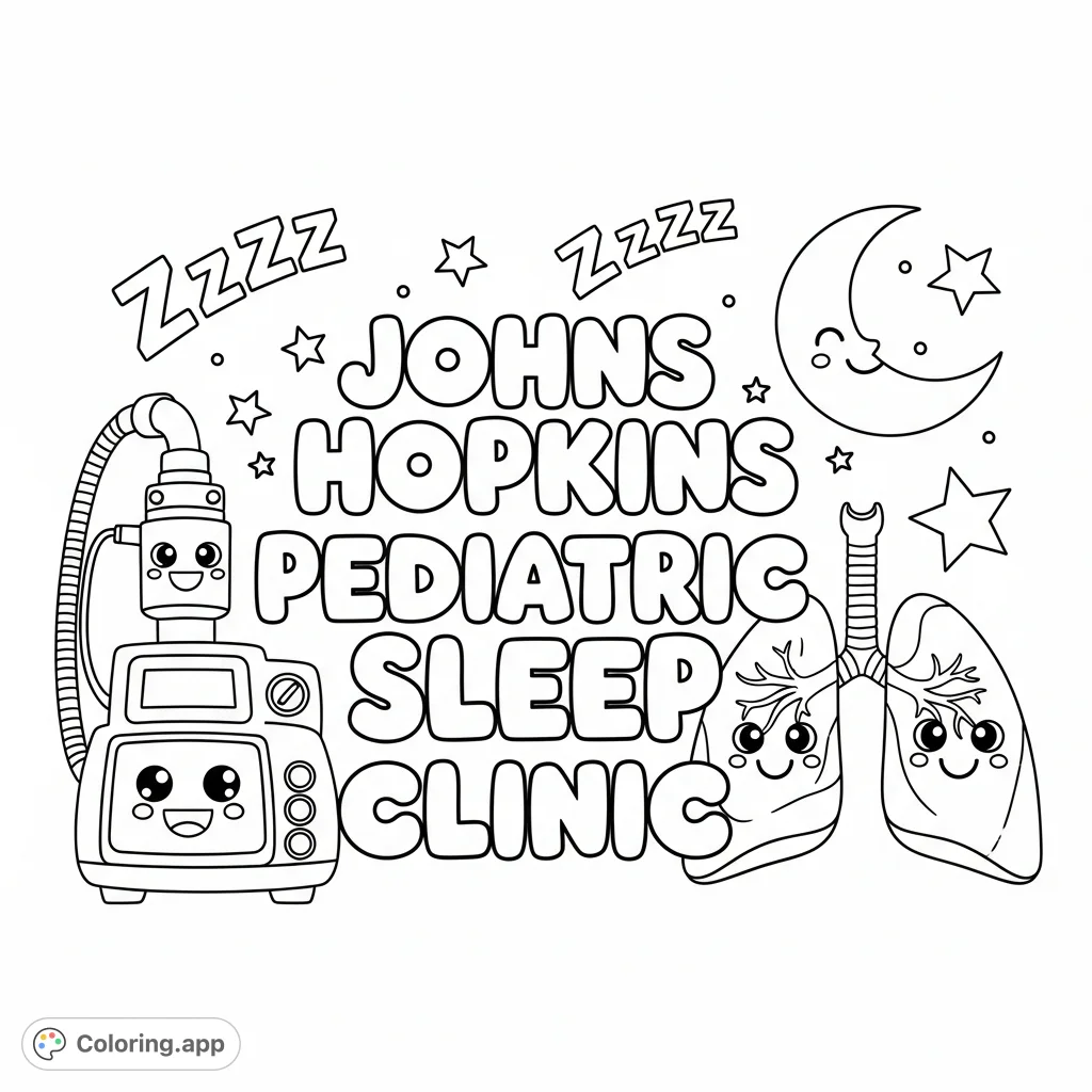 A friendly "Johns Hopkins Pediatric Sleep Clinic" coloring page featuring cheerful cartoon CPAP and lungs, moon, stars, and "Zzzzs" for a gentle sleep theme.