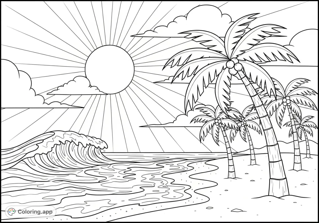 A tranquil mural-style beach scene with gentle waves, a radiant sun, fluffy clouds, and swaying palm trees, perfect for a relaxing coloring experience.