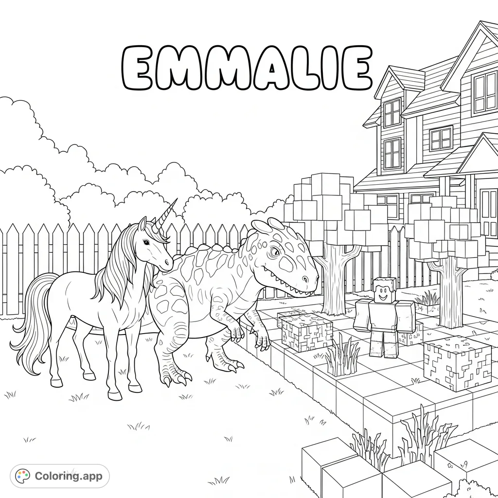 Explore a unique front yard featuring a majestic unicorn, a towering dinosaur, and a pixelated Roblox/Minecraft zone. A truly fantastical scene for creative coloring.