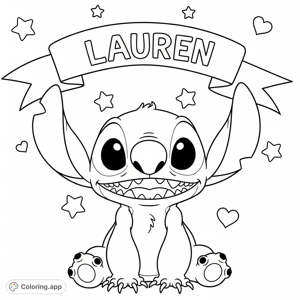 A delightful Stitch coloring page featuring Stitch sitting with a personalized banner displaying the name "Lauren" amidst playful stars and hearts.