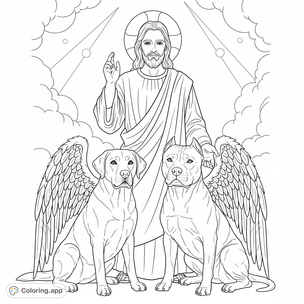 A heartfelt scene of Jesus with an angelic Labrador and pit bull, symbolizing peace and eternal companionship. A comforting, detailed coloring page.