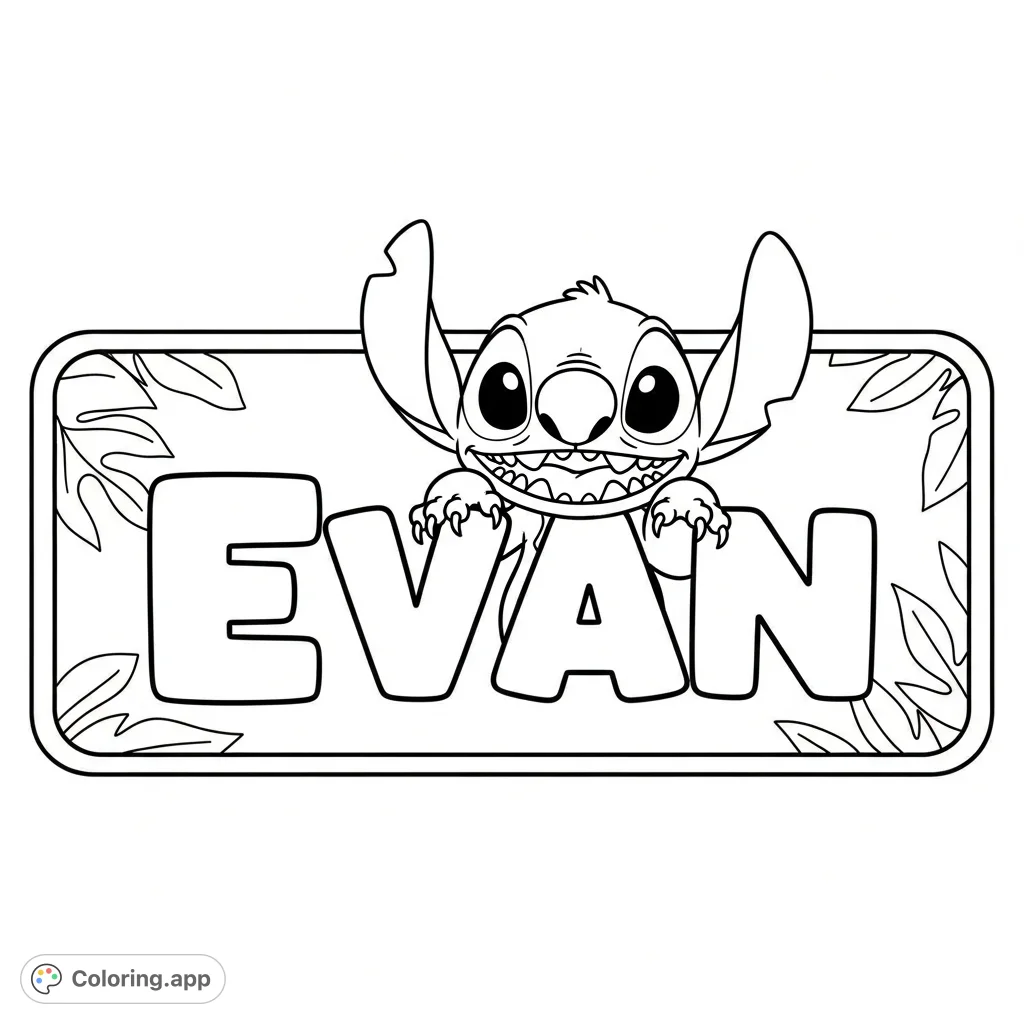 Color this fun Stitch name tag featuring "Evan" in block letters with tropical leaves. A playful extraterrestrial companion peeks from behind the name.