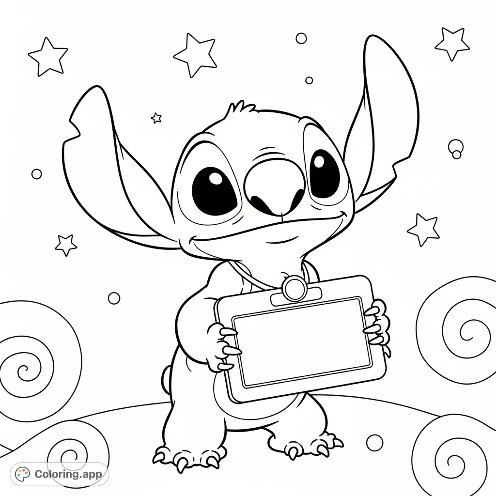 A delightful Stitch name tag coloring page! Customize this free printable coloring page with your name alongside the mischievous alien.