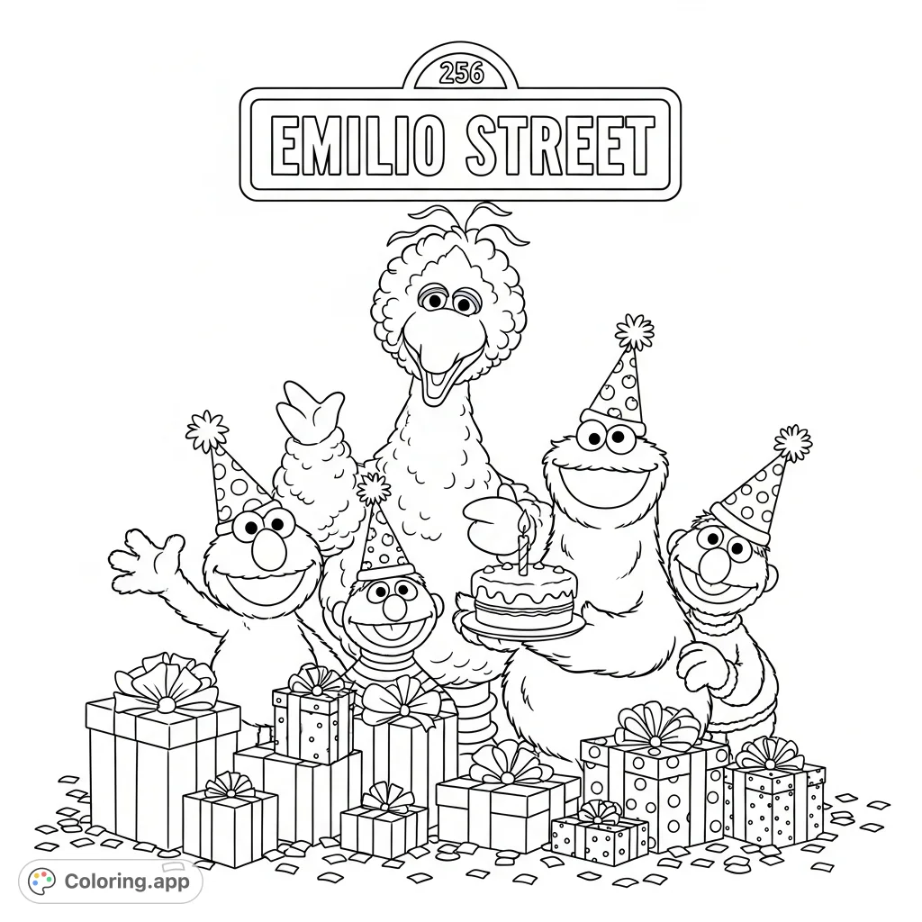 Join Elmo, Big Bird, Cookie Monster, and Grover for a 'Emilio Street' birthday celebration! Featuring festive hats, balloons, cake, and gifts.