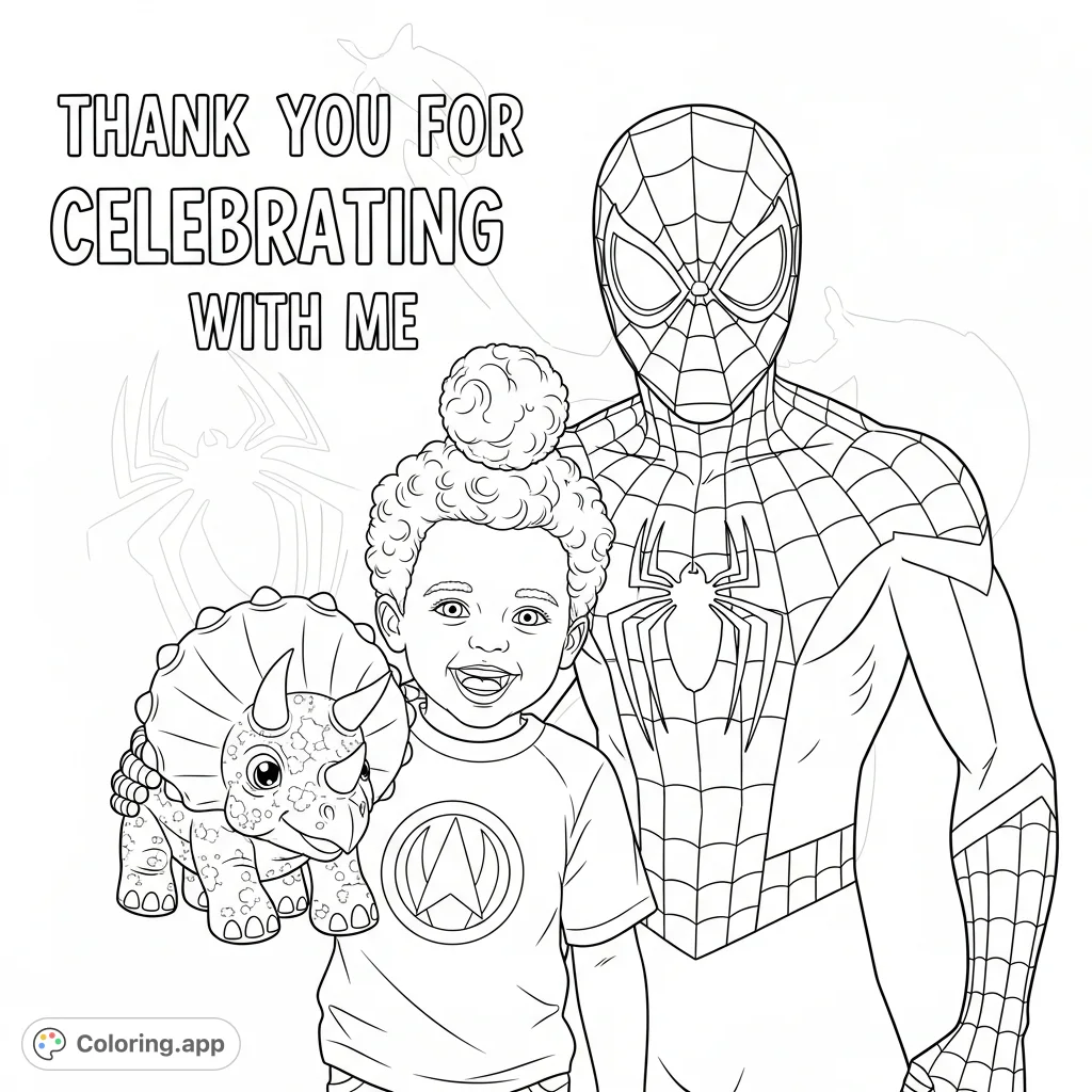 A delightful celebration coloring page featuring a joyful boy in a superhero shirt with Spider-Man and a triceratops toy, expressing gratitude.