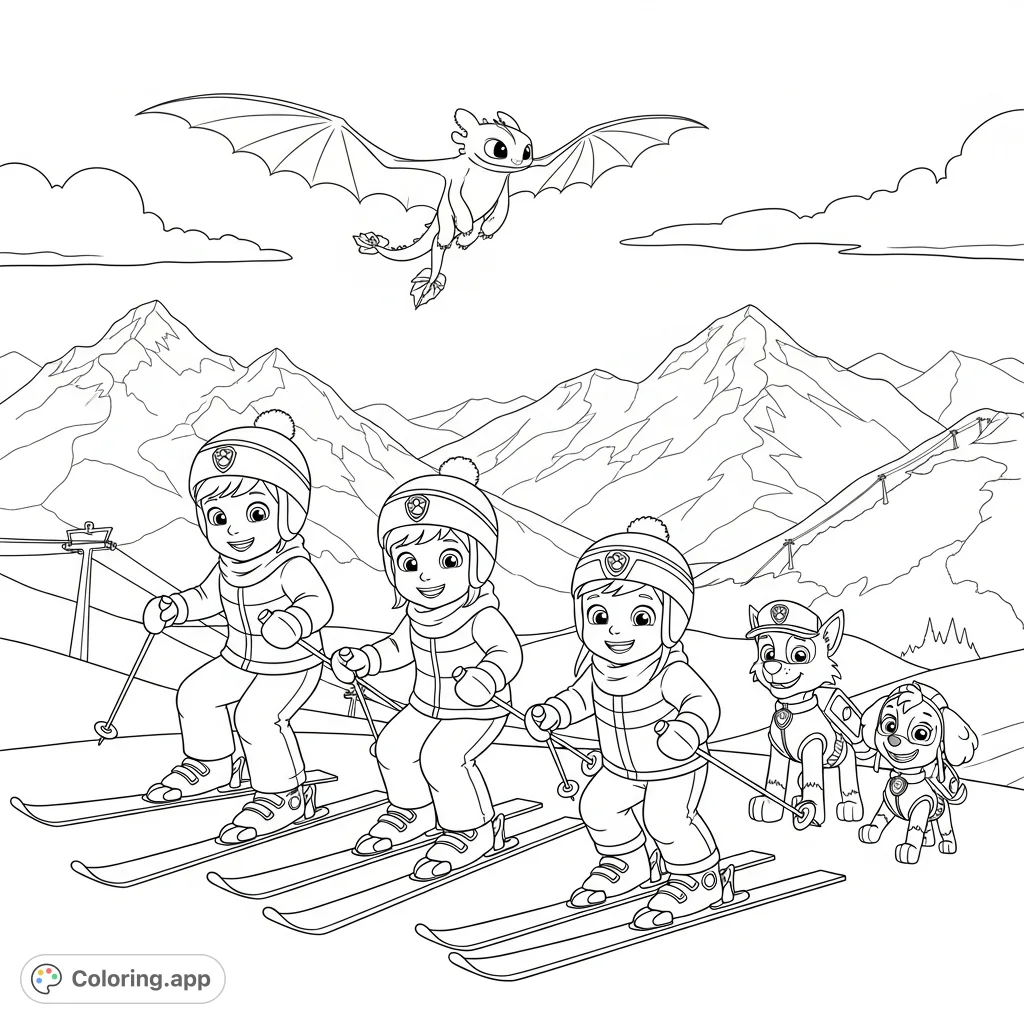 An exciting mountain ski coloring page featuring kids on skis with Paw Patrol's Rocky, Marshall, Skye, and Toothless soaring above snowy peaks and ski lifts.