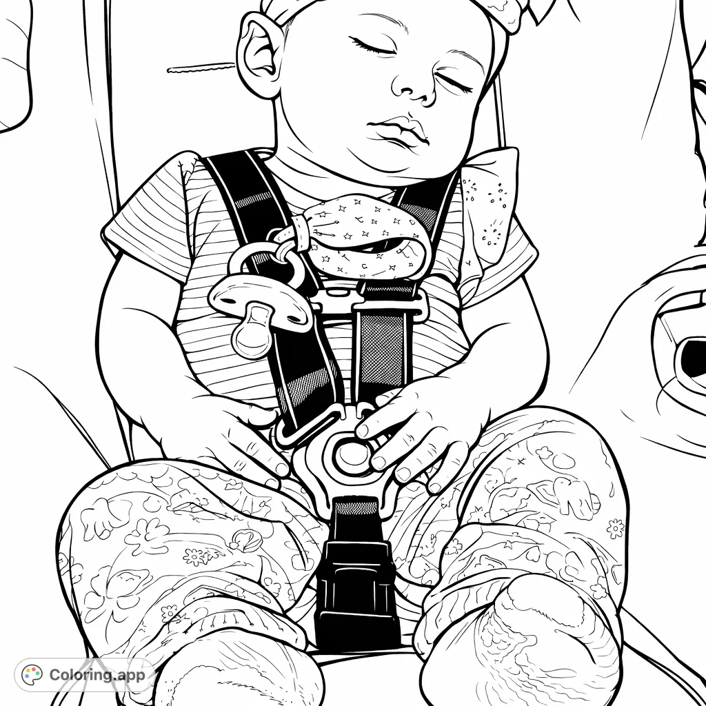 Capture the serenity of a sleeping baby in a car seat. This heartwarming coloring page features detailed clothing, a pacifier, and car seat elements.