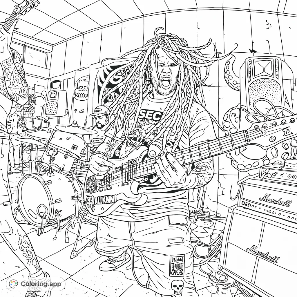 Capture the raw energy of a live band performance! This intense guitarist with dreadlocks shreds on stage, surrounded by drums and amps, perfect for rock music enthusiasts.