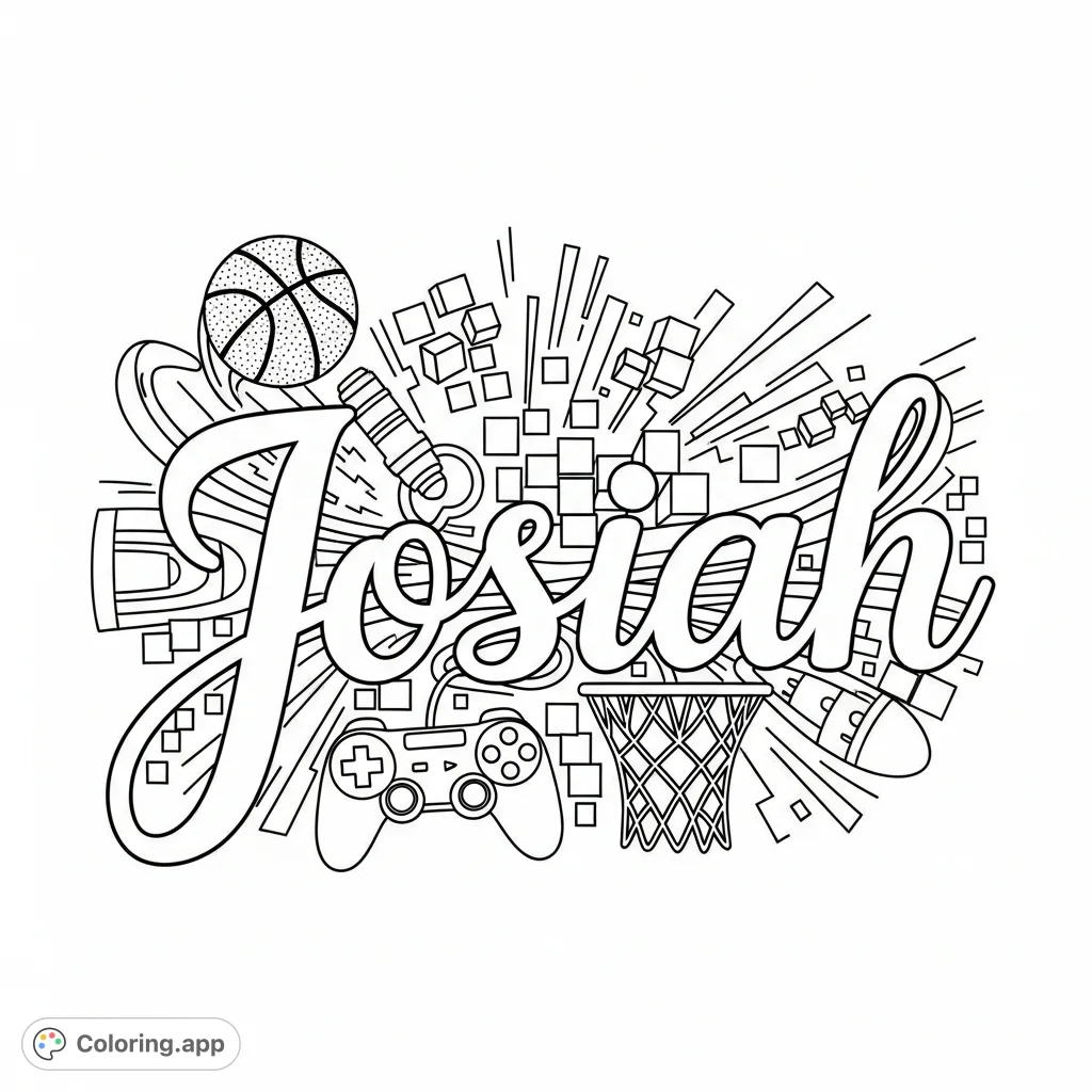 Personalize 'Josiah' with dynamic basketball and gaming themes. A fun, free printable name coloring page perfect for kids who love sports and video games.