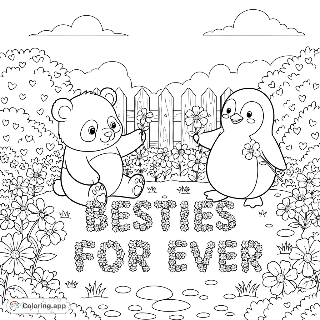 A heartwarming scene of a panda and penguin in a cheerful garden, carefully picking flowers that spell 'BESTIES FOR EVER'. Perfect for celebrating friendship.