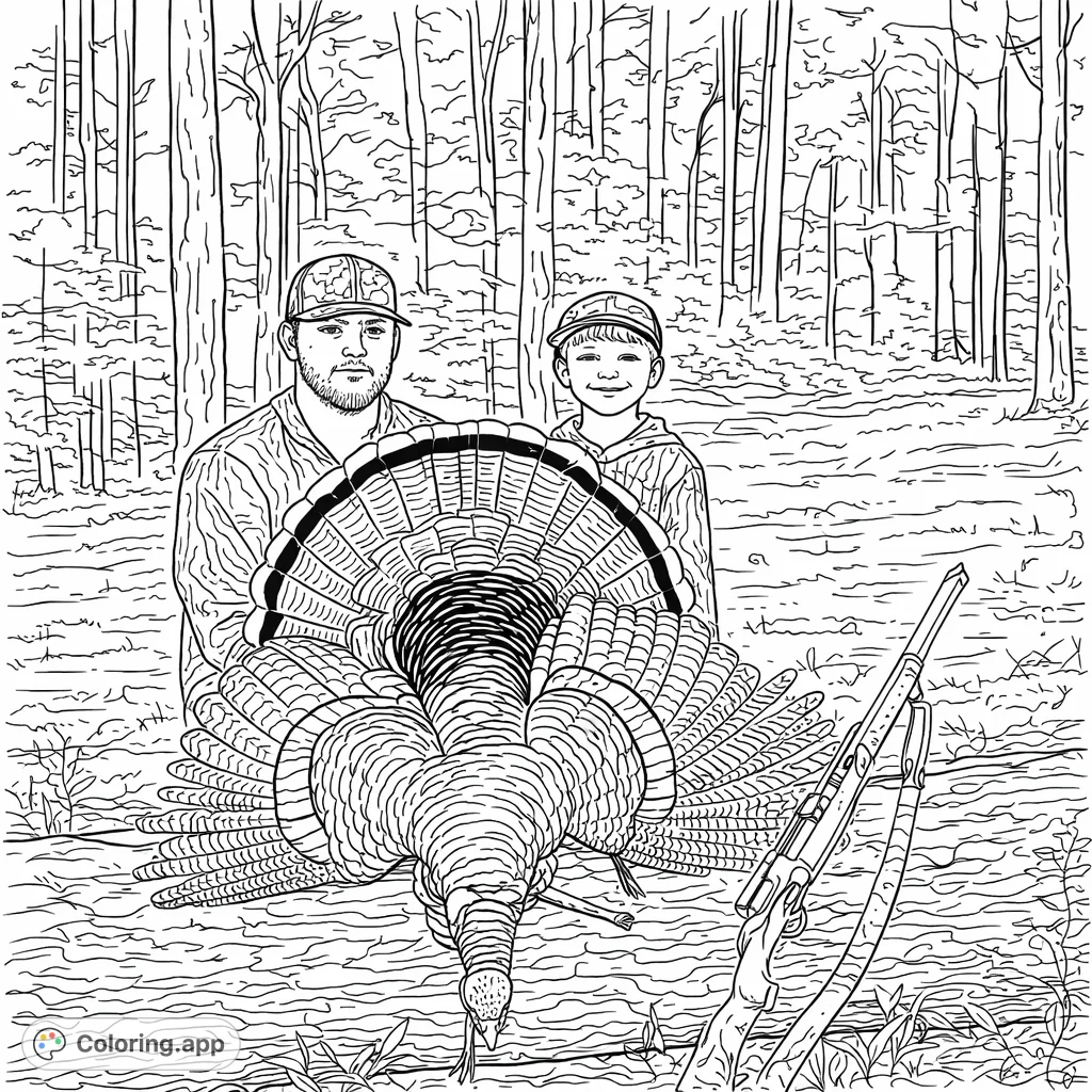 Capture the thrill of a forest turkey hunt! This coloring page features a proud hunter, a young boy, and their impressive wild turkey on a log in a detailed woodland setting.