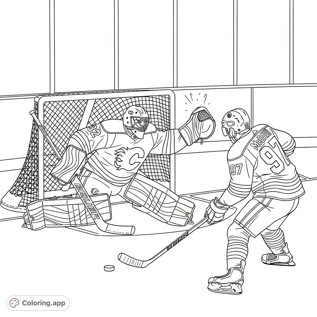 Experience thrilling hockey action! Dustin Wolf makes a dramatic save against Connor McDavid in this dynamic sports coloring page.