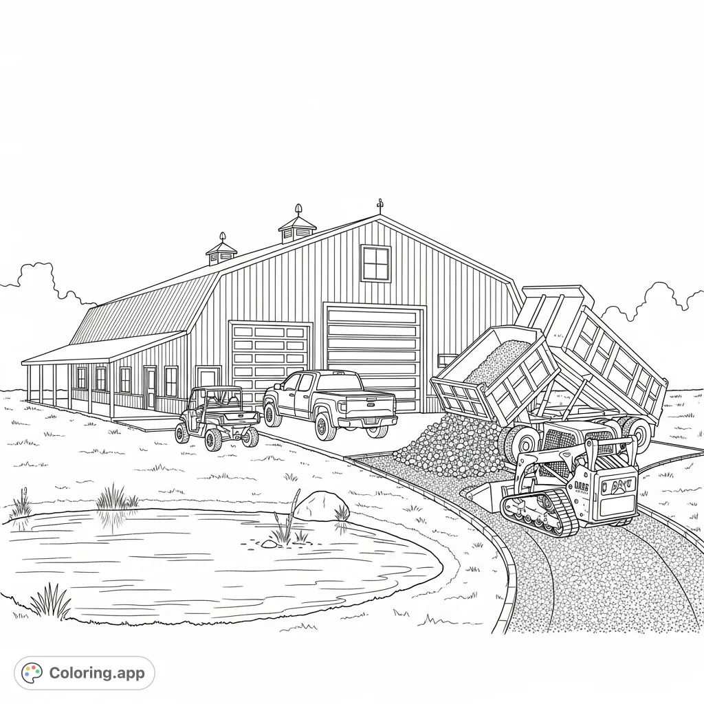 A detailed barndominium coloring page featuring a grand building, a pond, and various construction vehicles like dump trucks and skid steers at work.