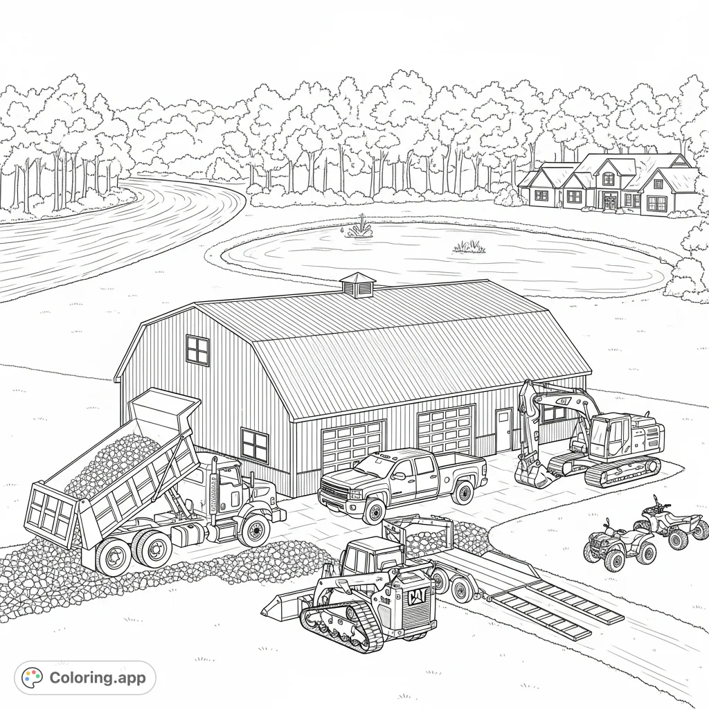 Explore a detailed barndominium scene featuring construction vehicles like a Cat excavator, a Chevy 2500 Duramax, and a picturesque rural landscape.