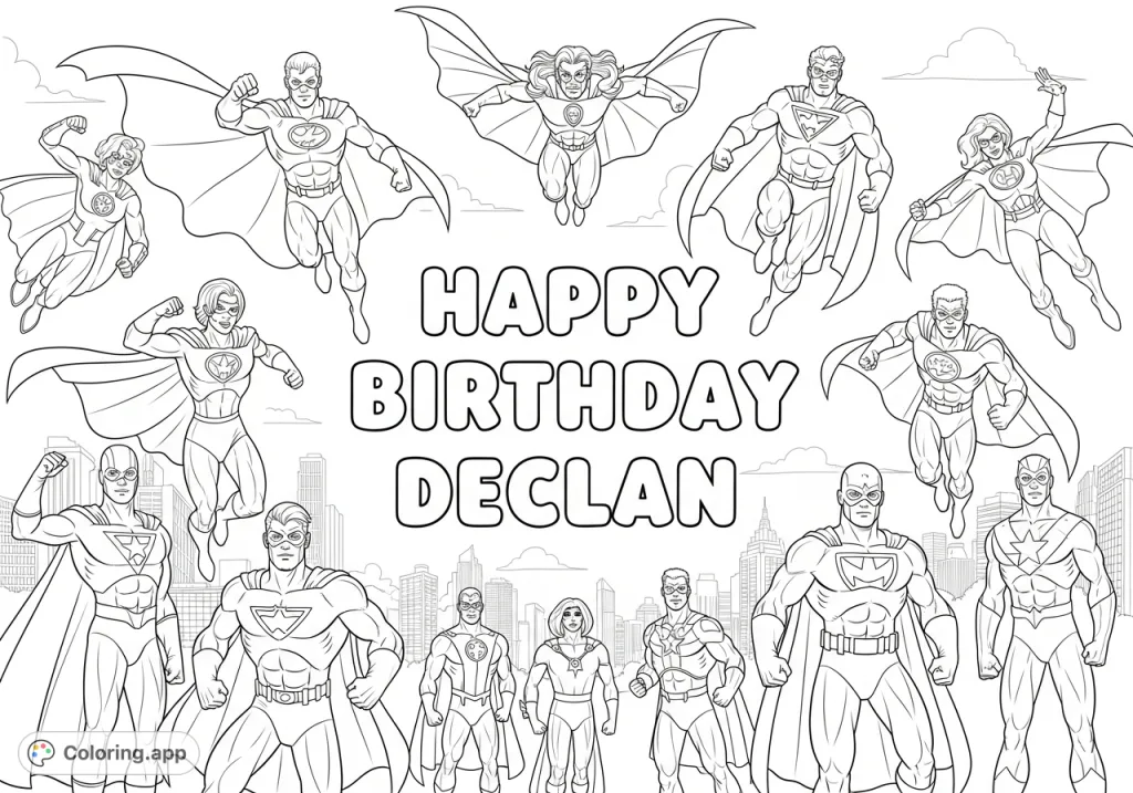This dynamic coloring page features "Happy Birthday Declan" in bold bubble letters, surrounded by a heroic league of diverse superheroes in action poses.