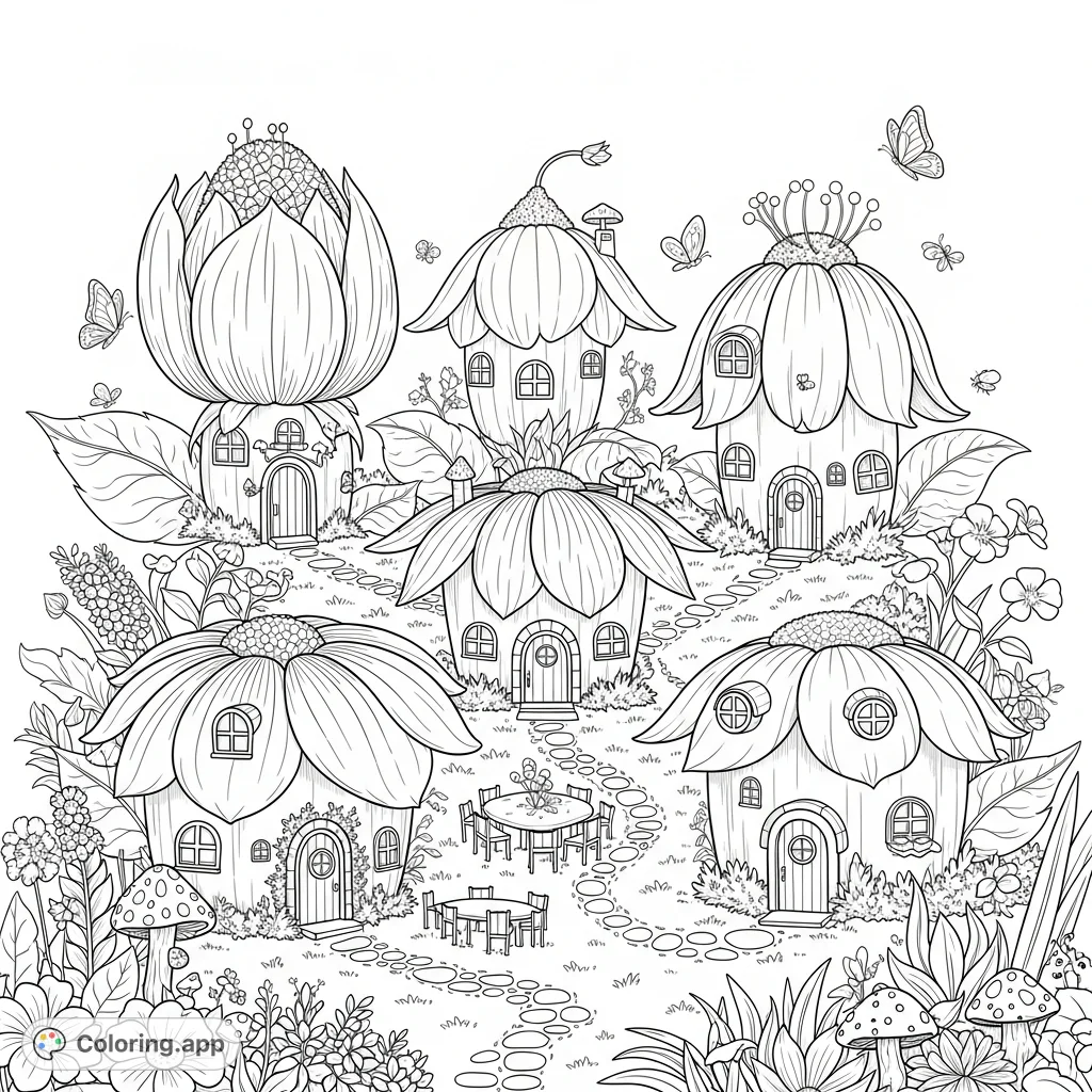 Discover an enchanting fairy village coloring page where tiny homes are nestled within beautiful flowers. A free printable coloring page perfect for kids and adults to enjoy.
