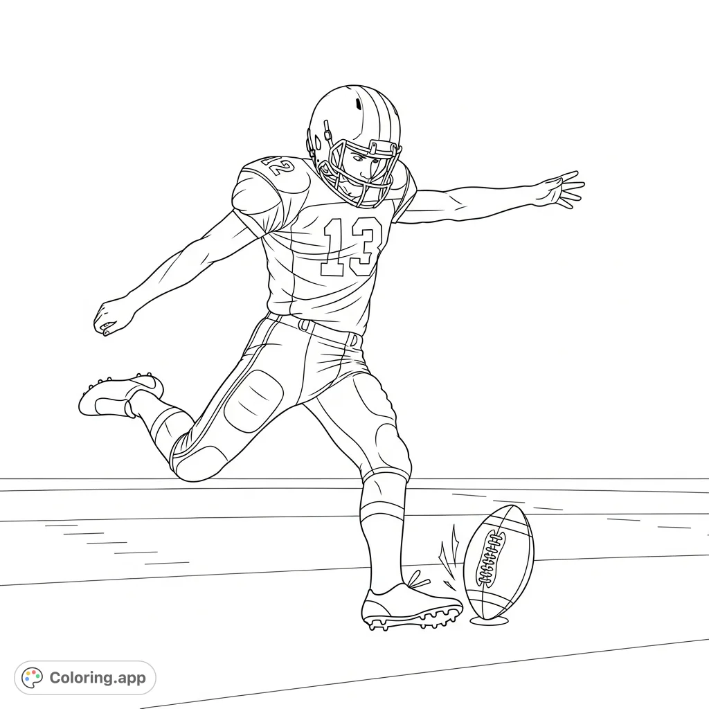 Experience the thrill of a football player in a powerful kicking action. This dynamic football coloring page is perfect for sports fans to bring to life.