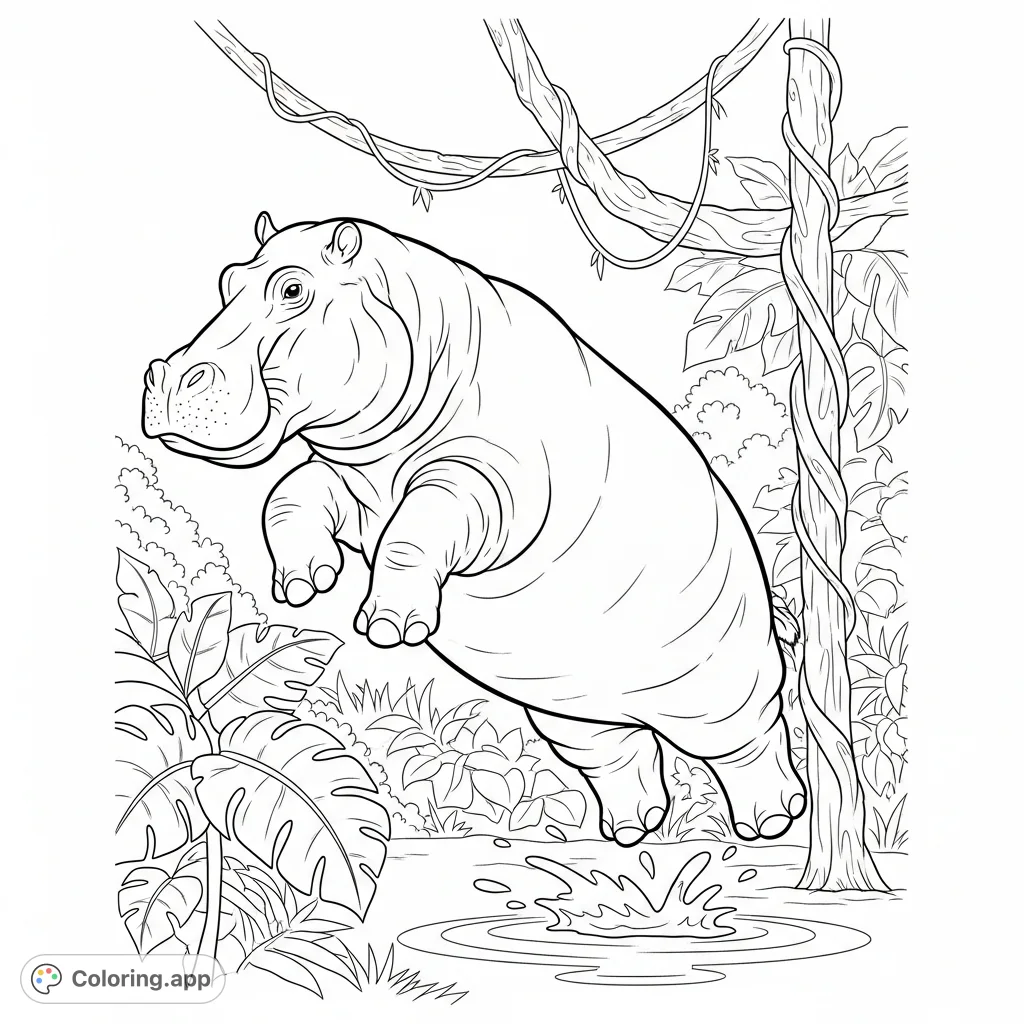 Capture the thrilling moment of a powerful hippo mid-jump amidst lush jungle vines. A dynamic jungle animals coloring page for all ages.