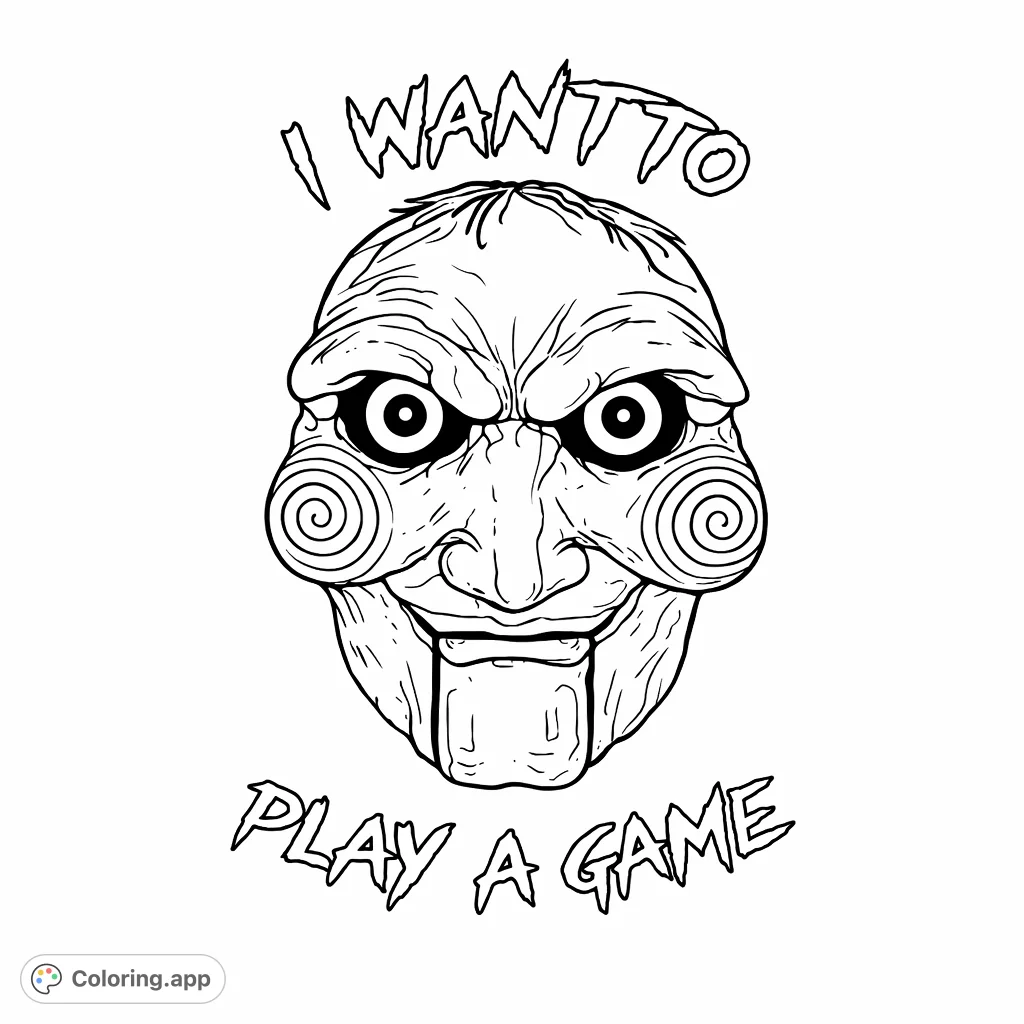 A menacing Jigsaw puppet face with iconic spiral cheeks and a sinister smile. Perfect for horror fans to color.