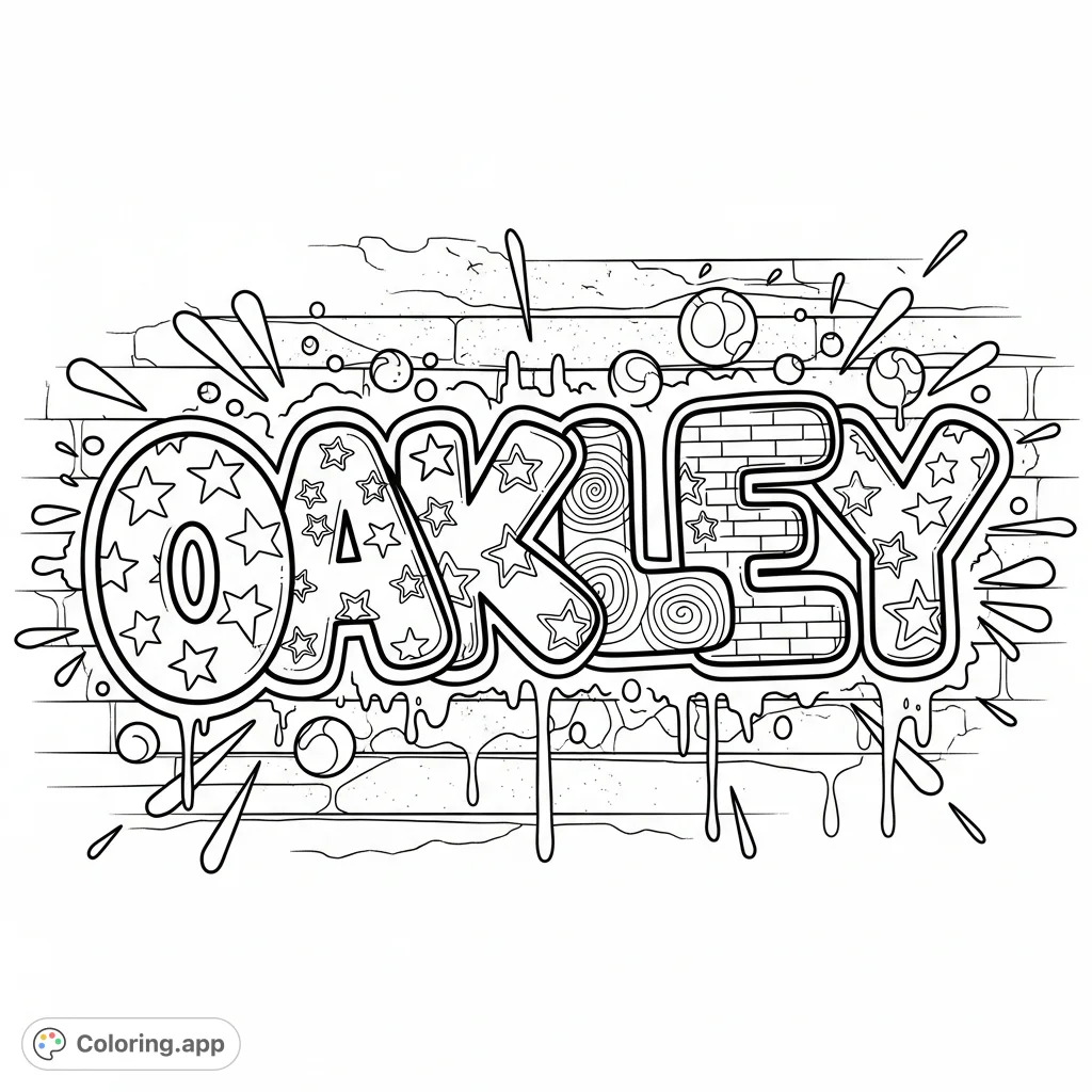 Dynamic graffiti art featuring the name OAKLEY in bold, stylized bubble letters with intricate patterns. A vibrant, free printable urban coloring page.