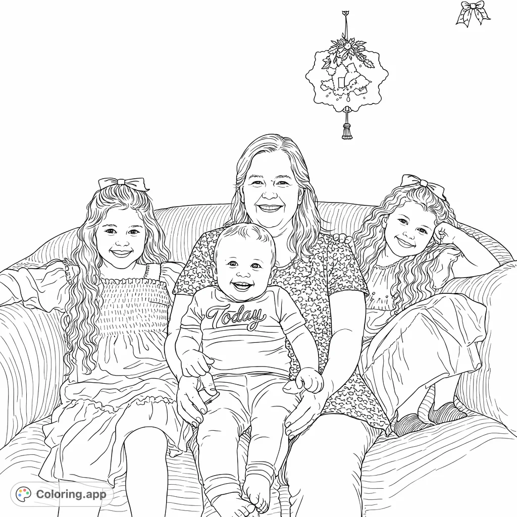 Capture a heartwarming family gathering with a woman, baby, and two girls on a couch. A perfect holiday-themed coloring page for all ages.