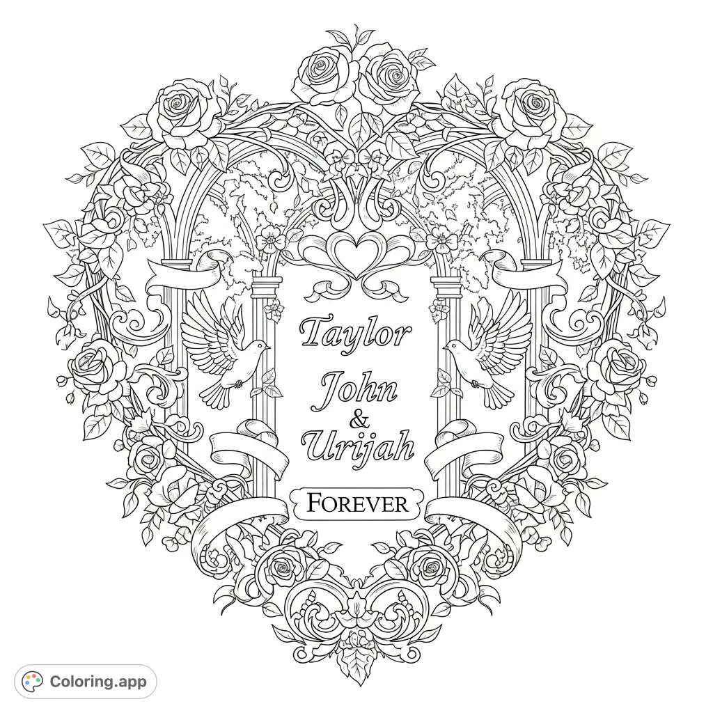 An intricate romantic-style coloring page featuring names "Taylor," "John," "Urijah," and "forever" within a heart of vines and roses, perfect for adults.