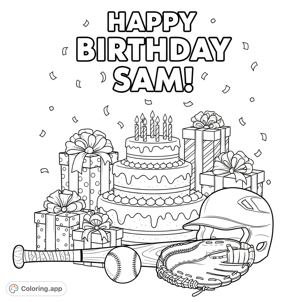 Celebrate Sam's birthday with a festive cake, stacked presents, and classic baseball gear. A fun, personalized free printable coloring page for all ages.