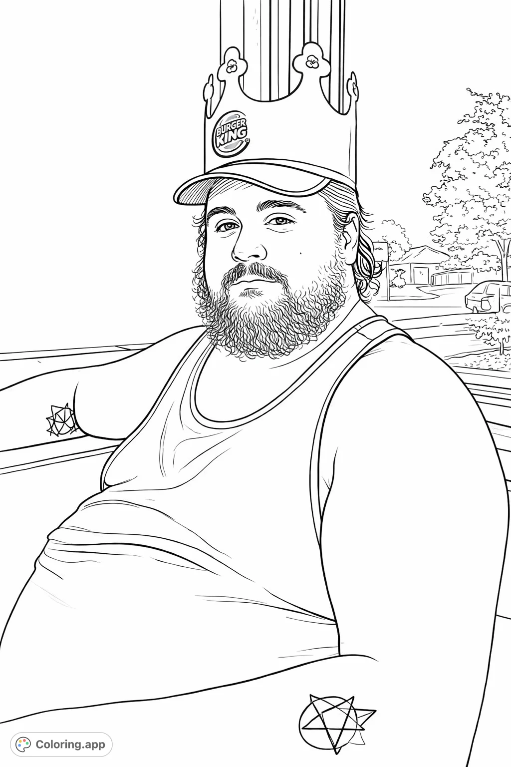Color a man wearing a paper crown and baseball cap, complete with a detailed beard and tattoos. A unique and fun character portrait.