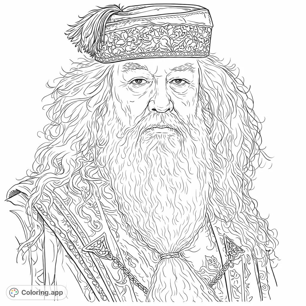 A detailed portrait of a wise, elderly wizard with a flowing beard, intricate hat, and ornate robe. This fantasy wizard coloring page offers a magical challenge.