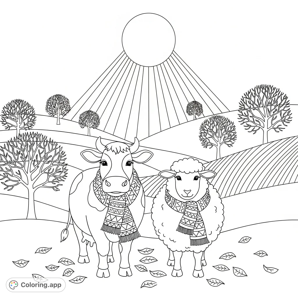 A delightful autumn farm animals coloring page featuring a cow and a sheep in scarves, enjoying a tranquil seasonal landscape. Perfect for all ages!