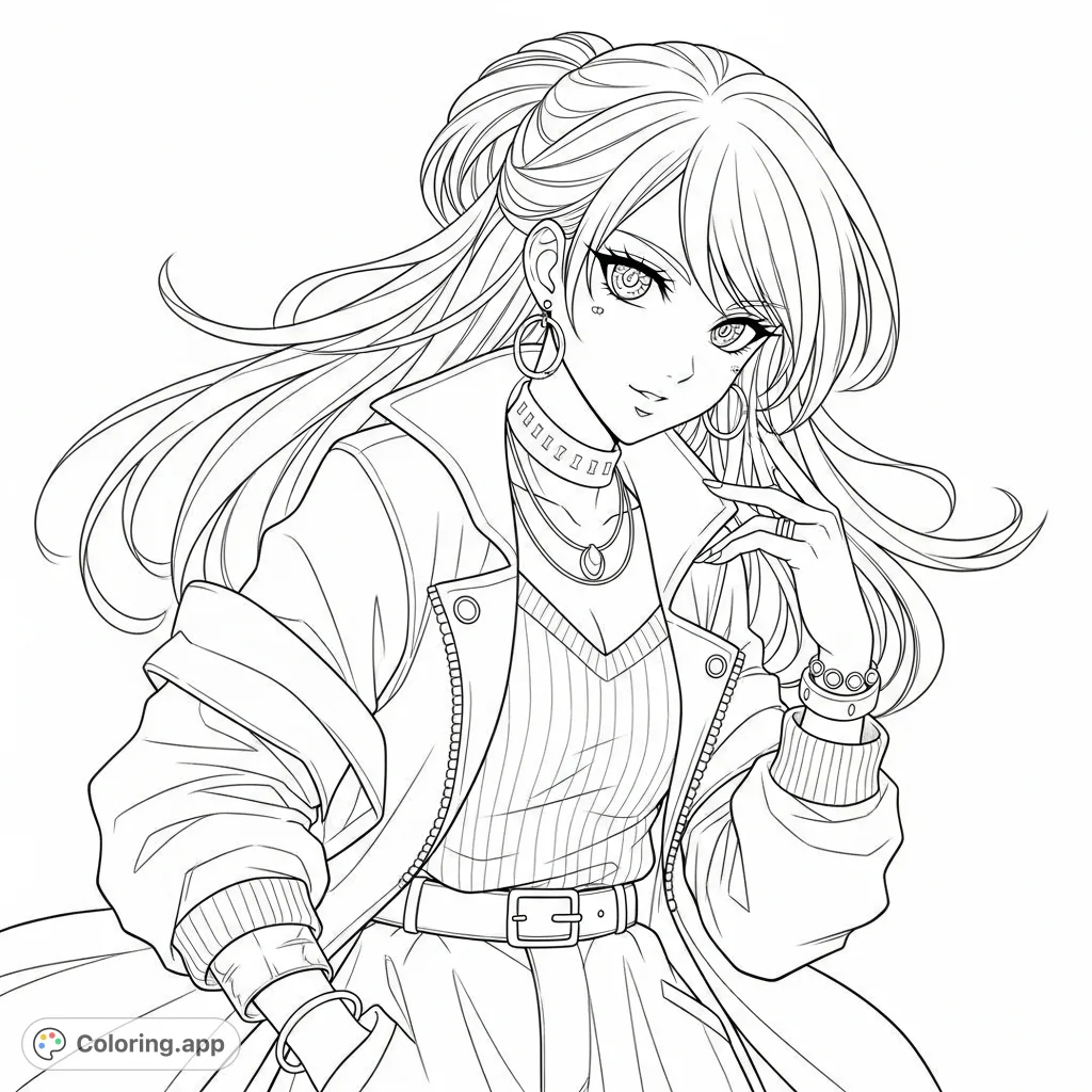 An intricate anime woman coloring page, showcasing a fashionable character with flowing hair, captivating eyes, and a detailed, layered modern outfit in a dynamic pose.
