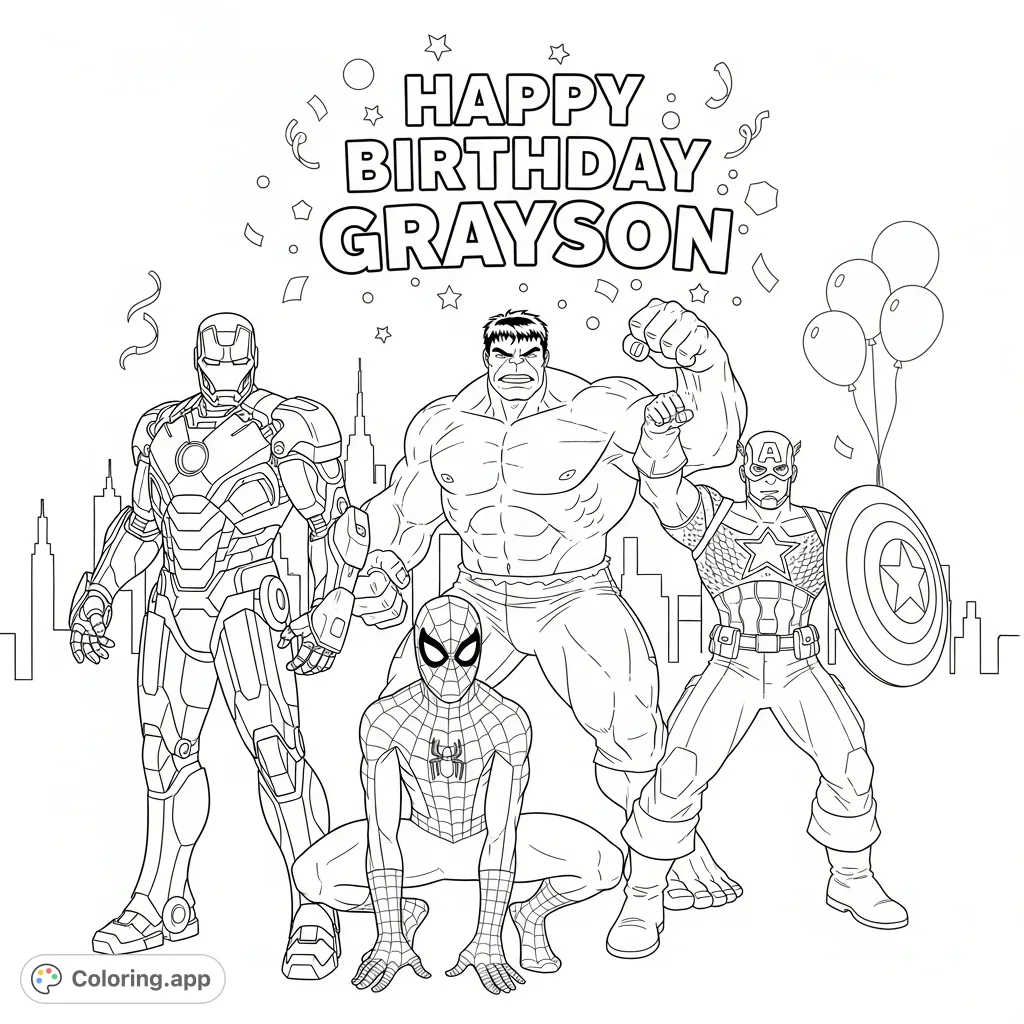 A dynamic superhero coloring page featuring Iron Man, Spider-Man, Hulk, and Captain America celebrating 'Happy Birthday Grayson' with festive flair.
