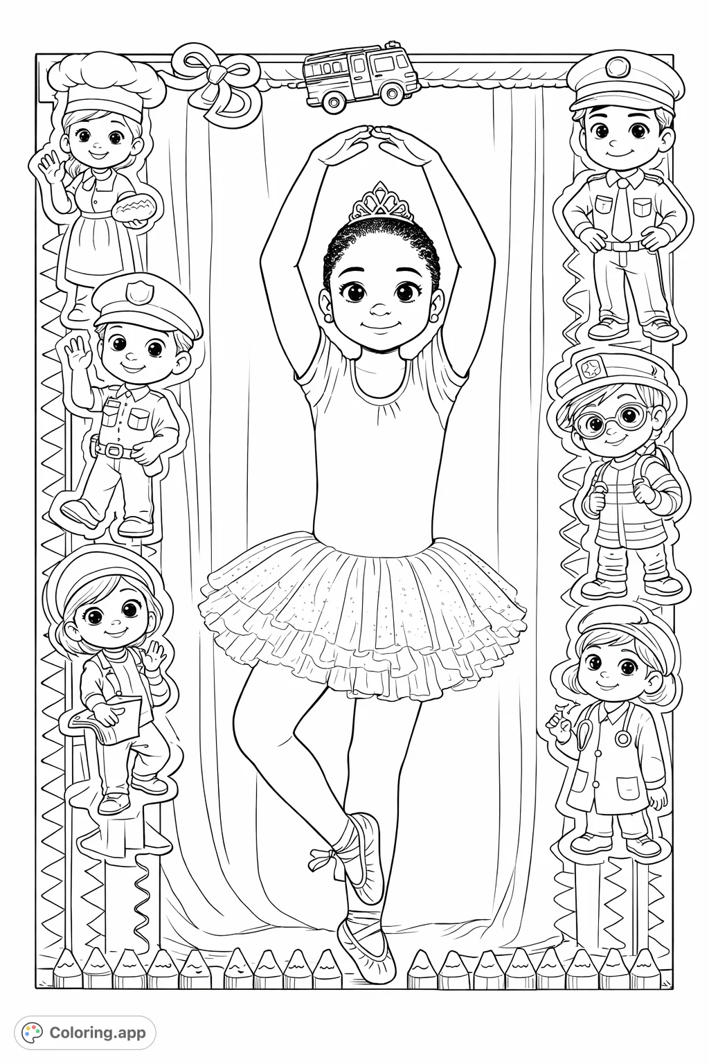 A young ballerina strikes a pose, surrounded by diverse career role models like doctors, astronauts, and firefighters, inspiring dreams of future possibilities.