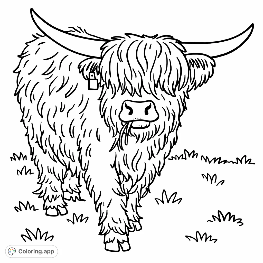 Color a cute, cartoony Highland cow with shaggy hair and big horns in a grassy field. A charming, simple animal coloring page for all ages!