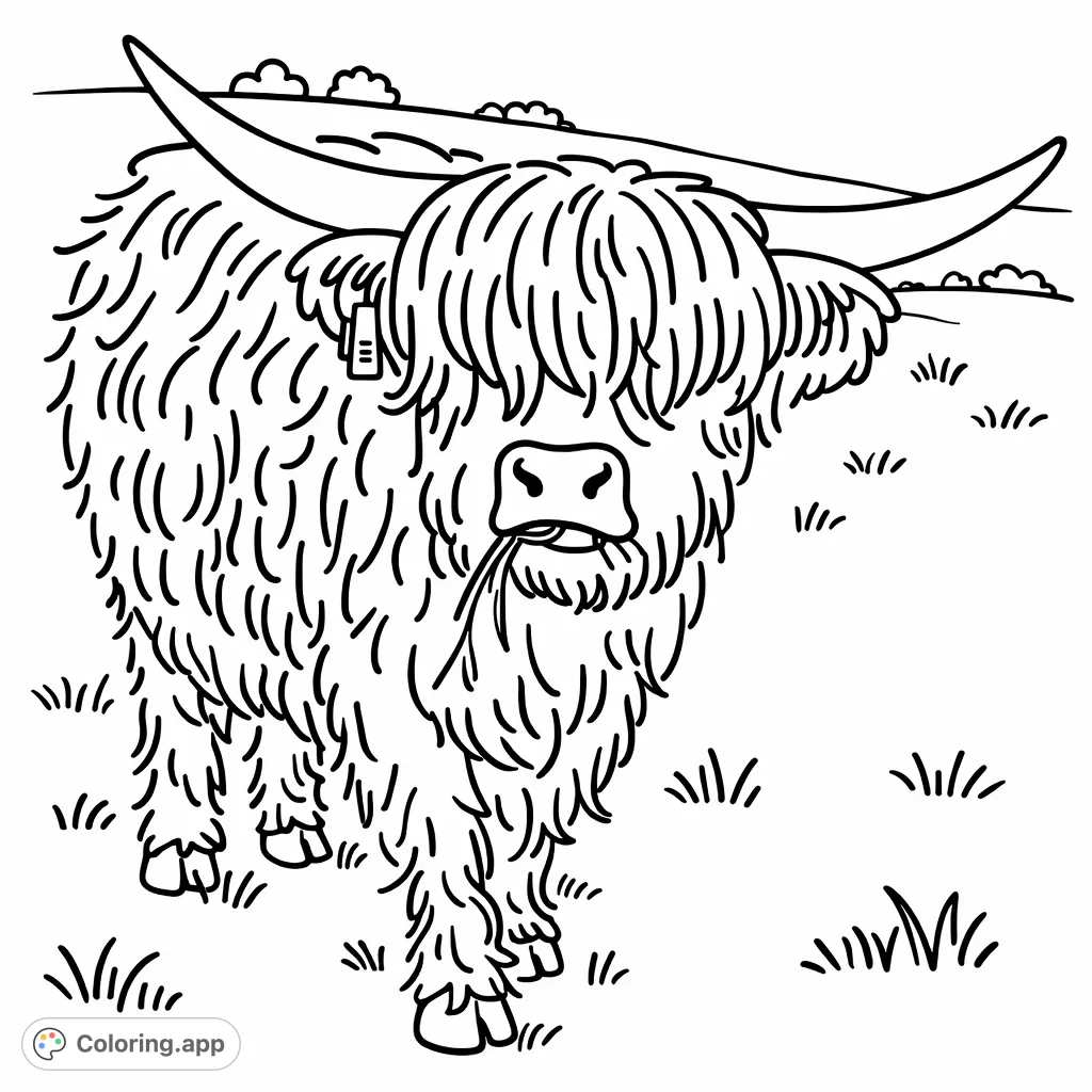 A charming Highland cow with shaggy hair and impressive horns stands in a grassy field, offering a delightful and simple coloring experience.